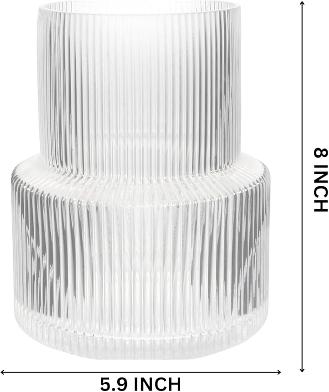 Large Glass Vase - Clear Ribbed Vase - Fluted Flower Vase for Modern Home Décor - Glass Vases for Centerpieces - Living Room, Dining Table, Shelf, Entryway, Office, Wedding Centerpieces