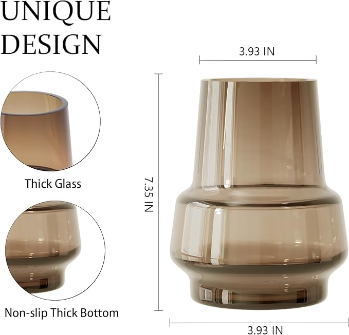 Amber Glass Vase Bud Flower Vase with Modern Design, Brown Wide Mouth Decorative Vase Gift for Home Decor, Living Room, Dining Table, Entryway, Shelf, Wedding, Office, 7.3 Inch (Amber)