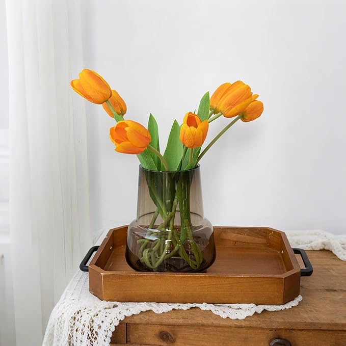 Amber Glass Vase Bud Flower Vase with Modern Design, Brown Wide Mouth Decorative Vase Gift for Home Decor, Living Room, Dining Table, Entryway, Shelf, Wedding, Office, 7.3 Inch (Amber)