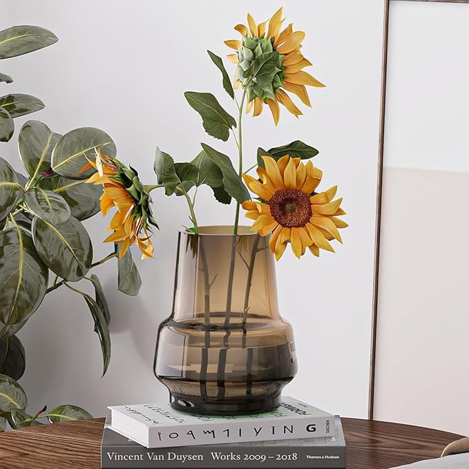 Amber Glass Vase Bud Flower Vase with Modern Design, Brown Wide Mouth Decorative Vase Gift for Home Decor, Living Room, Dining Table, Entryway, Shelf, Wedding, Office, 7.3 Inch (Amber)