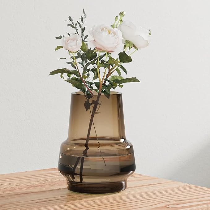 Amber Glass Vase Bud Flower Vase with Modern Design, Brown Wide Mouth Decorative Vase Gift for Home Decor, Living Room, Dining Table, Entryway, Shelf, Wedding, Office, 7.3 Inch (Amber)