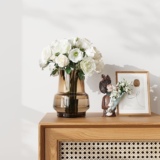Amber Glass Vase Bud Flower Vase with Modern Design, Brown Wide Mouth Decorative Vase Gift for Home Decor, Living Room, Dining Table, Entryway, Shelf, Wedding, Office, 7.3 Inch (Amber)