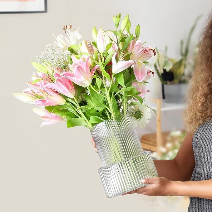 Large Glass Vase - Clear Ribbed Vase - Fluted Flower Vase for Modern Home Décor - Glass Vases for Centerpieces - Living Room, Dining Table, Shelf, Entryway, Office, Wedding Centerpieces