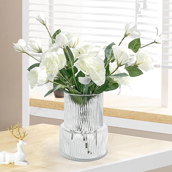 Large Glass Vase - Clear Ribbed Vase - Fluted Flower Vase for Modern Home Décor - Glass Vases for Centerpieces - Living Room, Dining Table, Shelf, Entryway, Office, Wedding Centerpieces