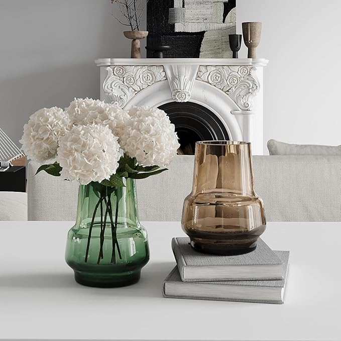 Amber Glass Vase Bud Flower Vase with Modern Design, Brown Wide Mouth Decorative Vase Gift for Home Decor, Living Room, Dining Table, Entryway, Shelf, Wedding, Office, 7.3 Inch (Amber)