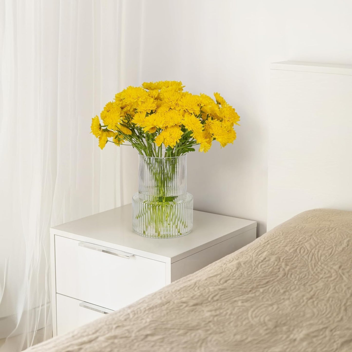 Large Glass Vase - Clear Ribbed Vase - Fluted Flower Vase for Modern Home Décor - Glass Vases for Centerpieces - Living Room, Dining Table, Shelf, Entryway, Office, Wedding Centerpieces
